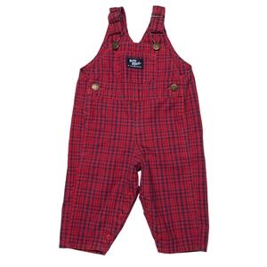 Vintage 90s Baby OshKosh B'Gosh Overalls 12M Red Blue Plaid USA‎ Made Snaps EUC